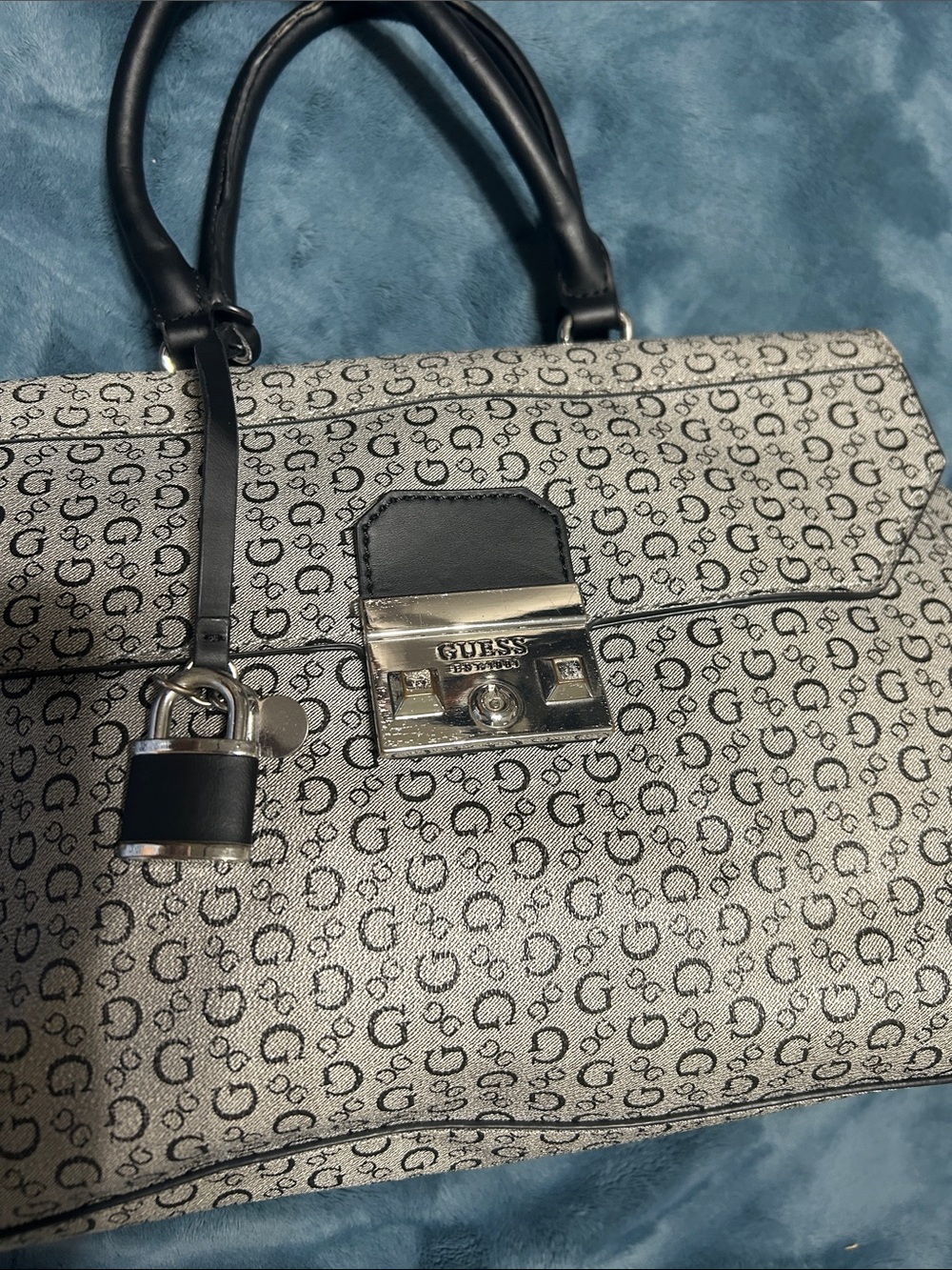 GUESS Silver Monogram Satchel with Black Trim and Padlock